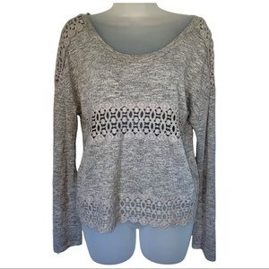 Gray Eyelet Crochet Sweater Long Sleeve